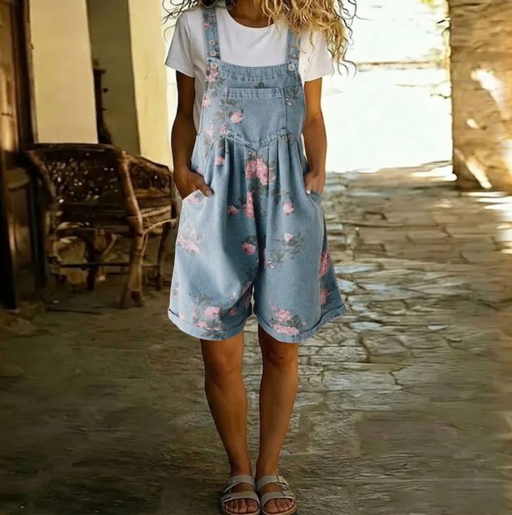 Judy | Salopette en denim vintage à fleurs doux