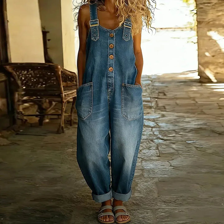 Mae | Salopette en denim vintage doux avec bretelles réglables