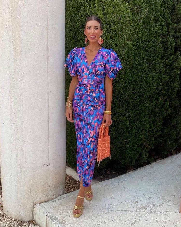 Loren | Robe Midi Vibrante avec Manches Bouffantes