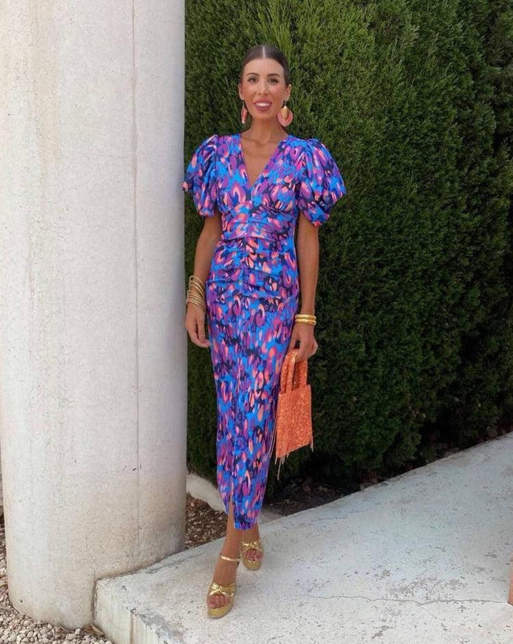 Loren | Robe Midi Vibrante avec Manches Bouffantes