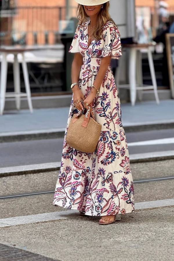 Joan  | Robe Maxi à Manches Bouffantes Imprimée Floral
