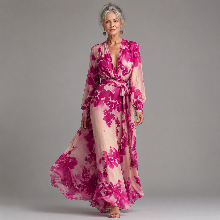Juliesse | Robe Maxi Ceinturée à Fleurs Roses en V
