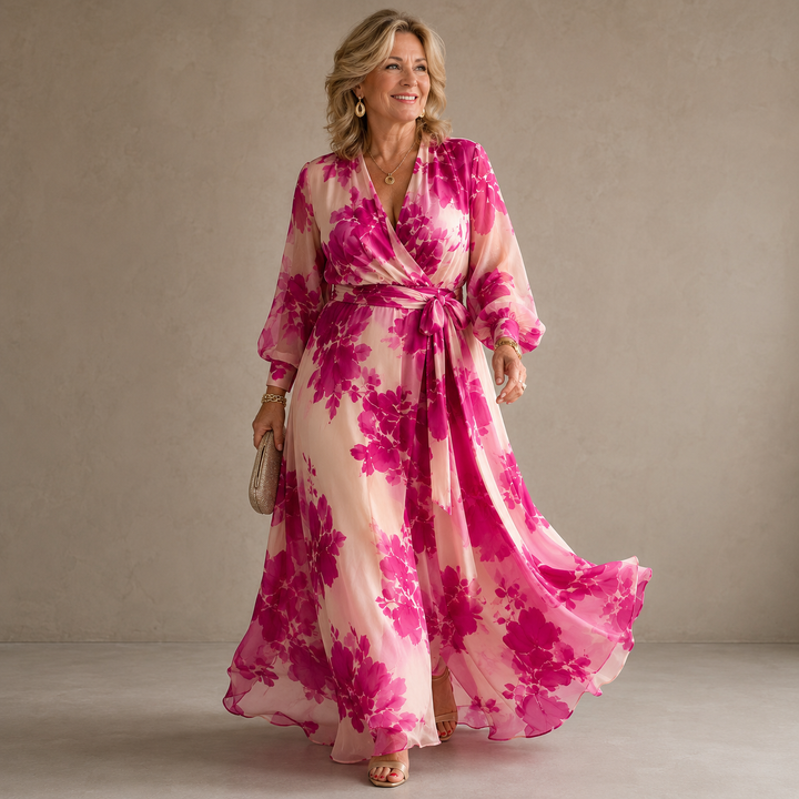 Juliesse | Robe Maxi Ceinturée à Fleurs Roses en V